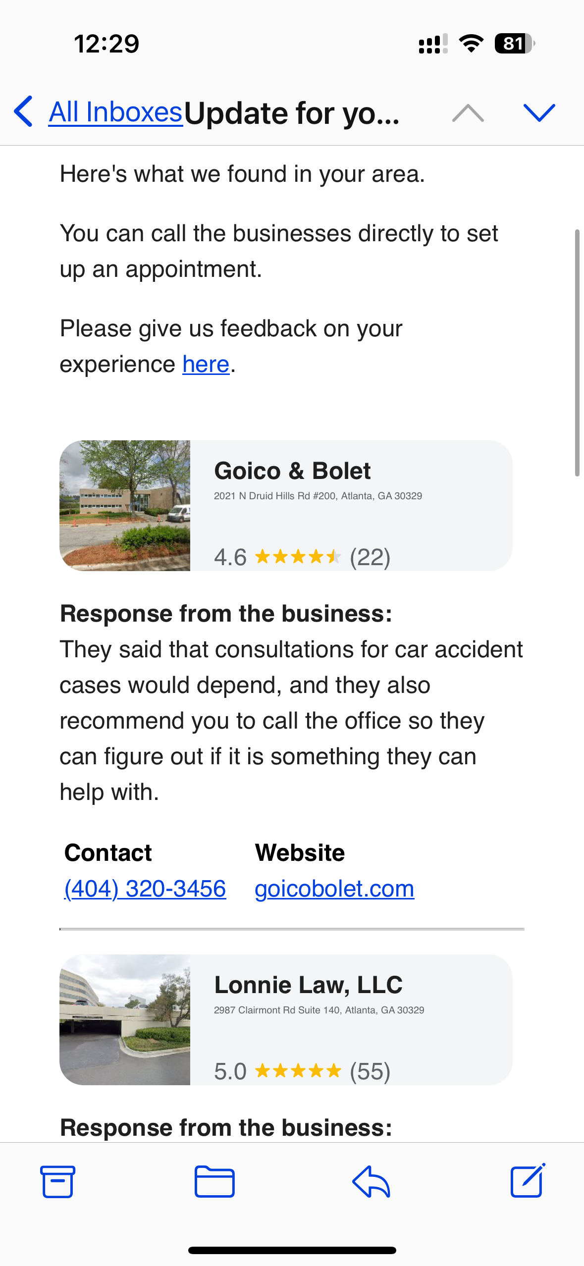Ask for me on google- email response with law firms 1