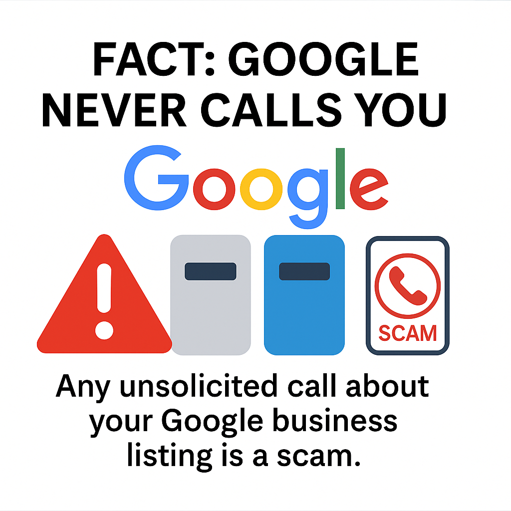 Fact Google Never calls you- DC DiGiTAL PRO Fact Google never calls you text with google logo and scam/spam warnings