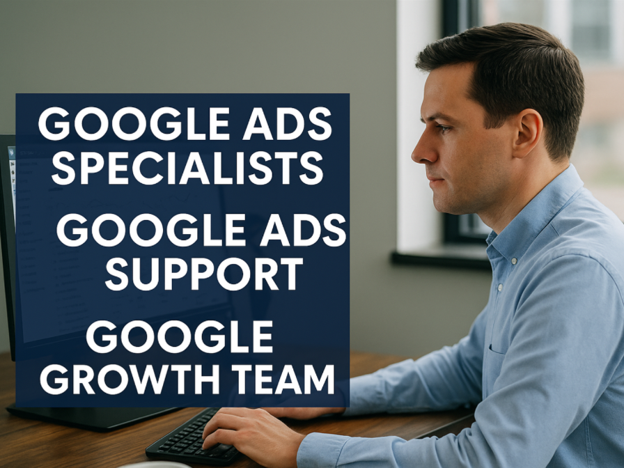 Legal ppc ads consultant in-front of computer with buzzwords google sales reps call themselves around him (google ads consultant, google ads rep, ads specialist, growth team)