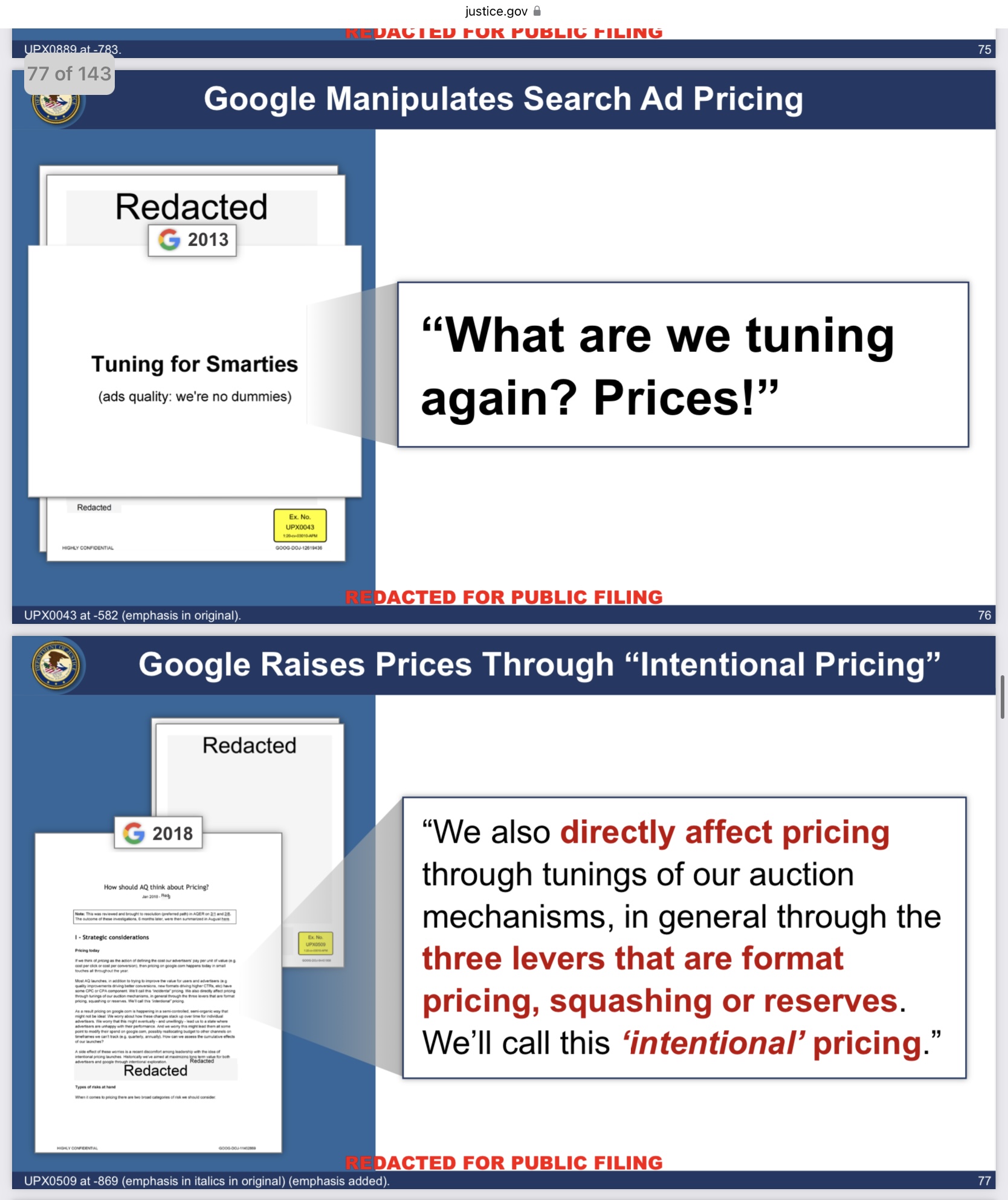 Department of justice US vs Google case testimony - tuning prices