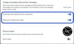 Screen shot of Step 3 - enable automated calls from Google to enable ask for me on google business profile advanced settings page - DC DiGiTAL PRO